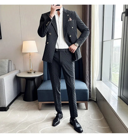 (Jacket+Pants)Luxury Checkered Double Breasted Suit  2 Pieces Fashion Business Slim Fit Social   Formal Suit Evening Dress 5XL-M