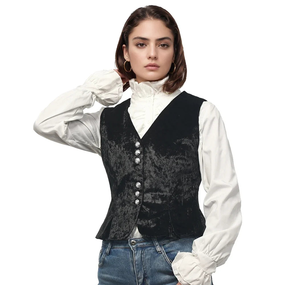Vintage Velvet Vest for Women V-Neck Cropped Sleeveless Dressy Waistcoat Casual Tops