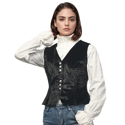 Vintage Velvet Vest for Women V-Neck Cropped Sleeveless Dressy Waistcoat Casual Tops