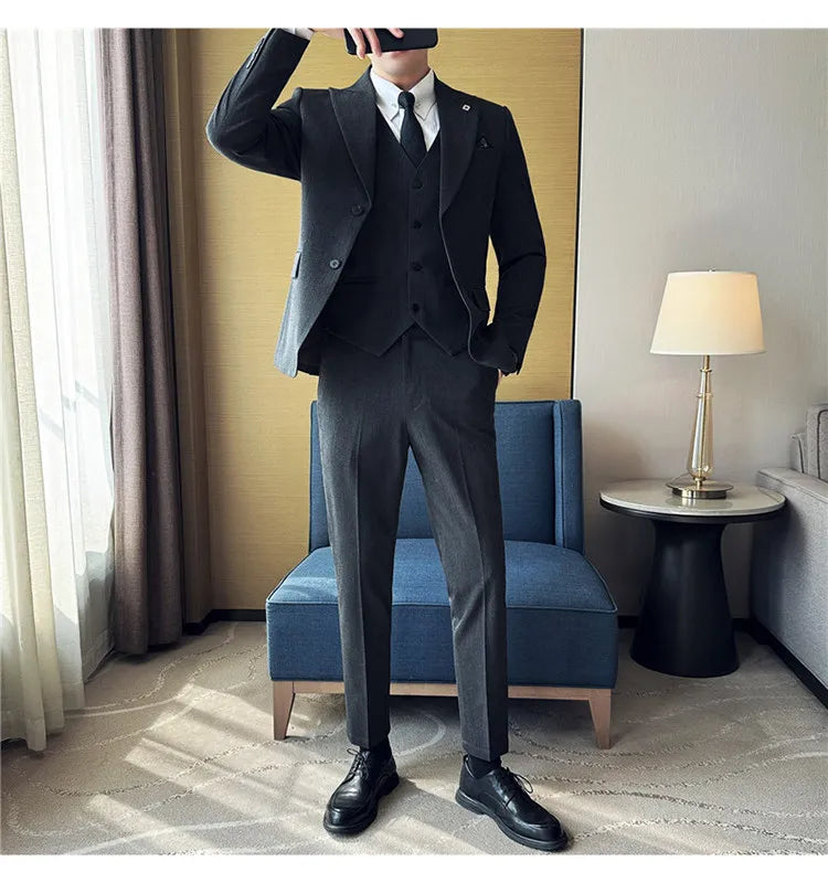 Men's 3 Piece Suit Set Double‑Button Solid Color Slim Fit Business Casual Wedding Banquet Party Jacket Vest Pants Formal Outfit