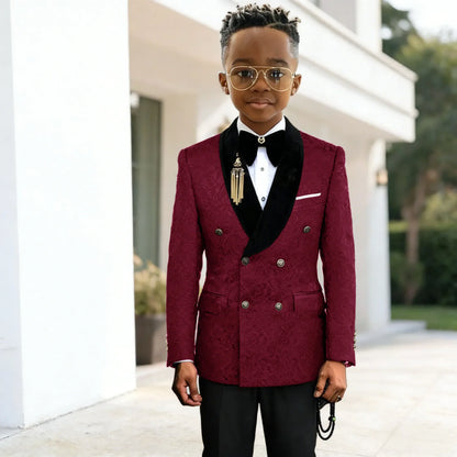 Black Jacquard Floral Boys Suits For weddings Children Suits Double Breasted Kid Wedding Prom Suits Blazers Sets For boys Tuxedo