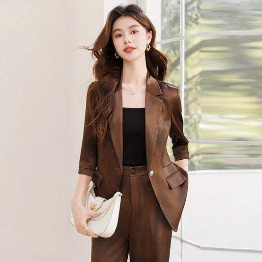 Women's Two Piece Set Blazer Pants Suit Elegant Office Formal Business Outfit Plus Size Three-Quarter Sleeve Jacket Trousers