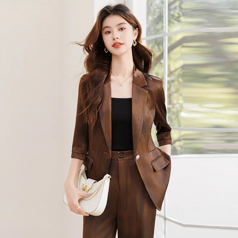 Women's Two Piece Set Blazer Pants Suit Elegant Office Formal Business Outfit Plus Size Three-Quarter Sleeve Jacket Trousers