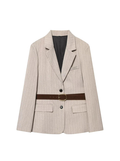 Women Khaki Striped Blazer Jacket Y2k 2000s Vintage Suit Coat Long Sleeve Single Breasted Oversize Outerwear Spring Autumn 2025