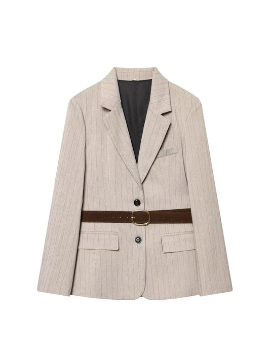 Women Khaki Striped Blazer Jacket Y2k 2000s Vintage Suit Coat Long Sleeve Single Breasted Oversize Outerwear Spring Autumn 2025