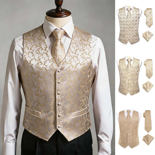 Men's Apricot Double Breasted Vest Set with Tie, Bowtie, Pocket Square & Cufflinks for Weddings & Parties
