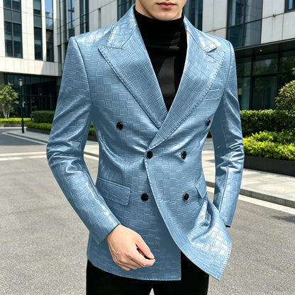 Men's Crocodile Leather Blazer Double Breasted Slim Fit Suit Jacket Formal Business Casual Sport Coat Wedding Party Streetwear
