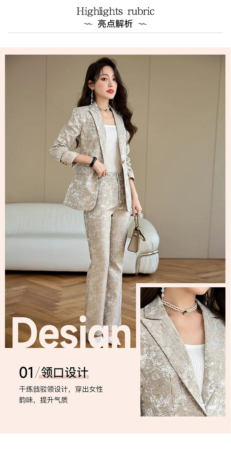 Fashion Apricot Printing Women Pant Suit Elegant Business Office Ladies 2 Piece Set Female Formal Blazer And Trouser