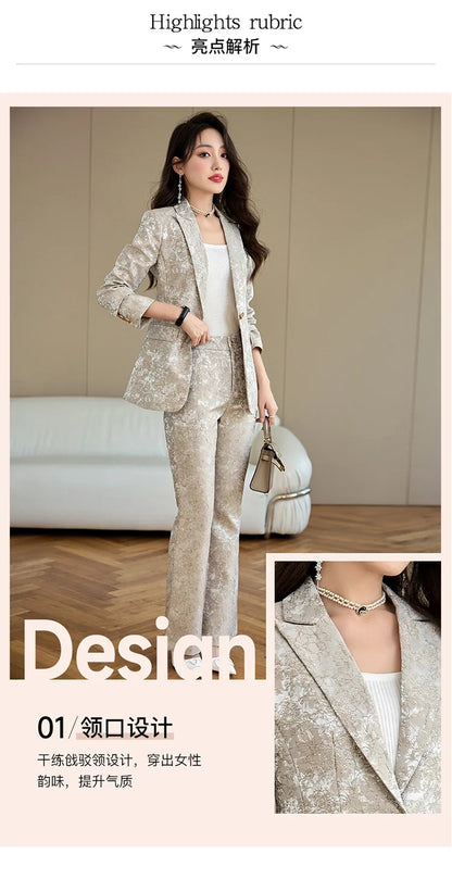 Fashion Apricot Printing Women Pant Suit Elegant Business Office Ladies 2 Piece Set Female Formal Blazer And Trouser