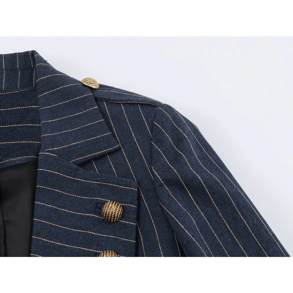 Elegant Fashion Women's Pinstripe Blazer New in Autumn Blazer with Embossed Button Long Sleeves Women Blazer with Asymmetric Hem