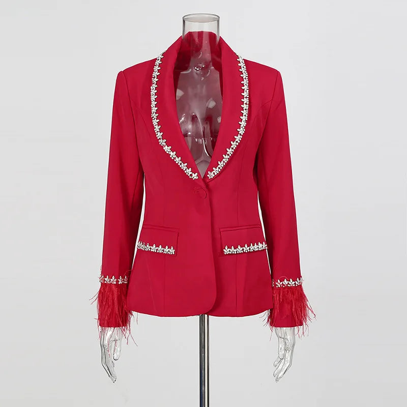 Women Blazer Studded Diamonds Patchwork Cuff Feather Single Button Slim Fit Elegant Jacket High-End Coat New Spring HK11098