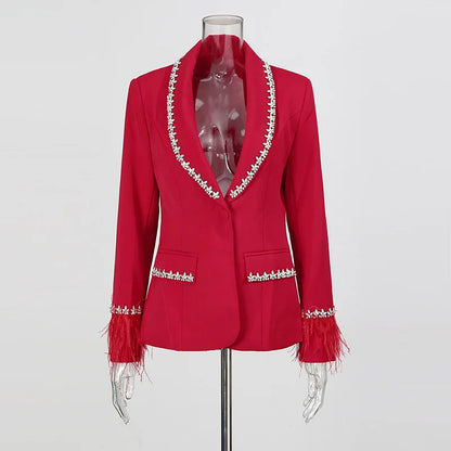 Women Blazer Studded Diamonds Patchwork Cuff Feather Single Button Slim Fit Elegant Jacket High-End Coat New Spring HK11098