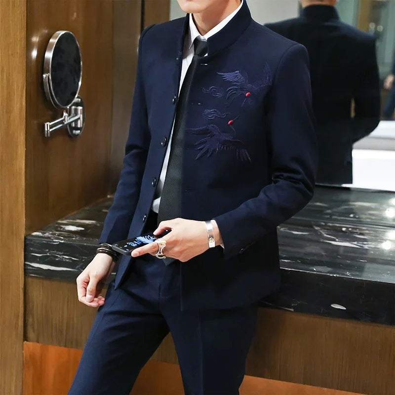 Suit (Blazer + Trousers) Men's Chinese-Style Stand-Up Collar Wedding & Business Suit