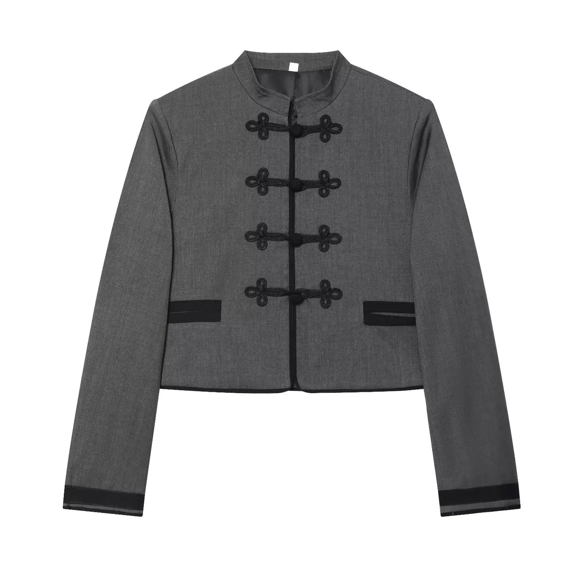 Elegant Chic Frog Fastening Blazers for Women Long Sleeve High Round Neck Blazer with Contrasting Frog Clasp & Cuffs and Pockets