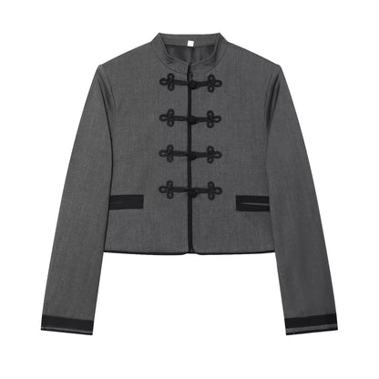 Elegant Chic Frog Fastening Blazers for Women Long Sleeve High Round Neck Blazer with Contrasting Frog Clasp & Cuffs and Pockets