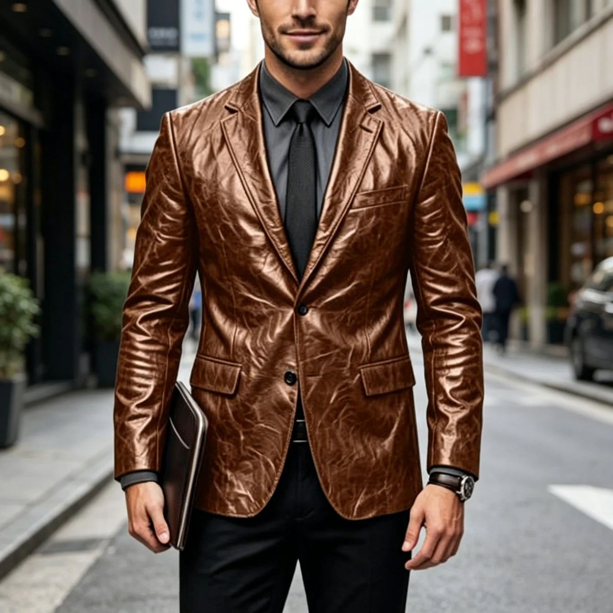 Vintage Wrinkled Men's PU Leather Blazer Slim Fit Notched Lapel Business Suit Jacket Two Button Casual Sport Coats for Office