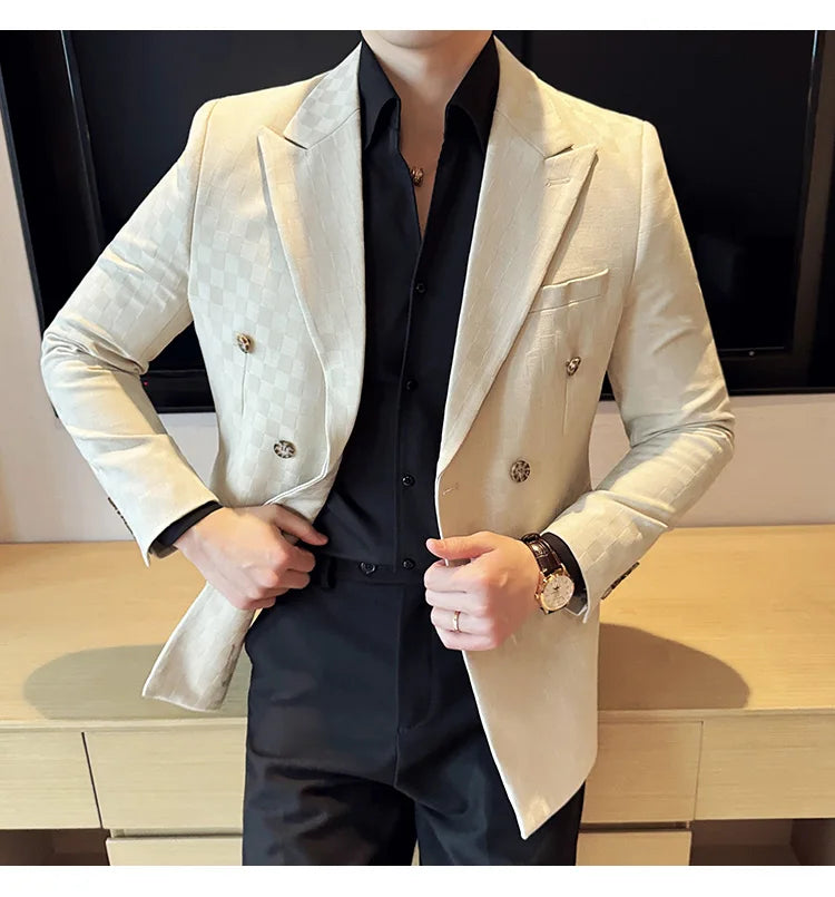 6 Color Luxury Double Breasted Blazers Coats 2024 New Fashion Checkered Business Slim Fit Social   Formal Suit Jacket 5XL-M