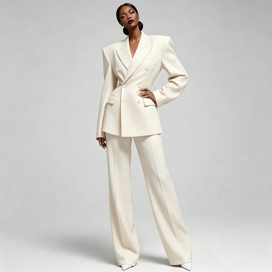 Chic Women Ivory Double Breasted Suit Tailored Blazer Wide Leg Pants Power Set Modern Formal Office Female 2PCS Outfit