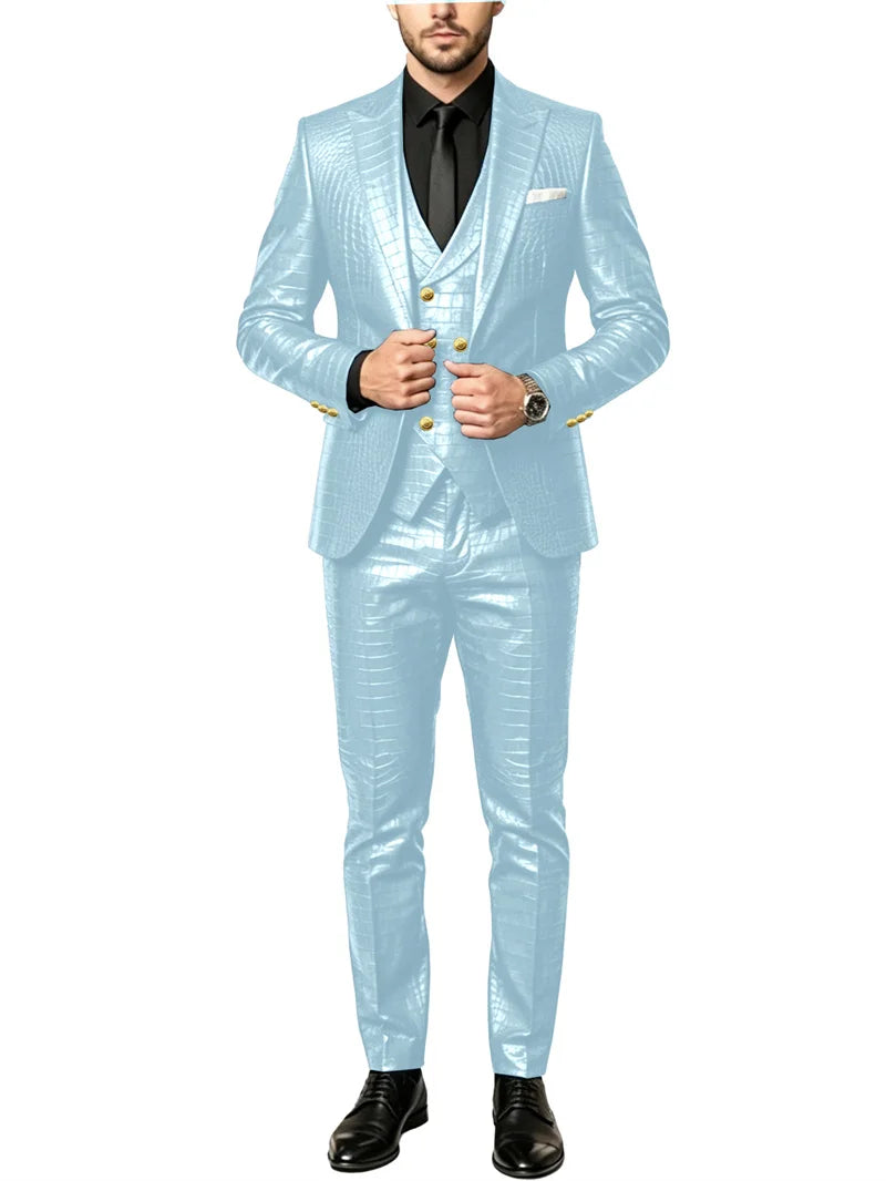Men's 3 Piece Suit Crocodile Pattern Prime PU Leather Single Breasted Gold Buttons Slim Fit Wedding Dinner Party Formal Outfit ﻿