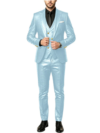 Men's 3 Piece Suit Crocodile Pattern Prime PU Leather Single Breasted Gold Buttons Slim Fit Wedding Dinner Party Formal Outfit ﻿