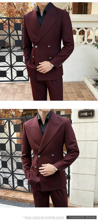 (Jackets+Pant)Fashion Double Breasted Design Men Suit Italian Style Luxury Elegant Business Social Wedding Dress Thick Suit 2Pcs