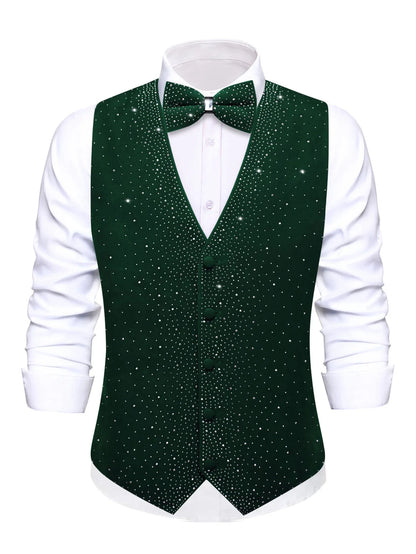 Men's Sequined Suit Vest & Bow Tie 3-Piece Set Black Green Red for Weddings & Evening Parties