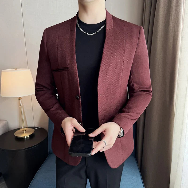 Chinese Style Collarless Suit Jacket Men Fashion Slim Fit Versatile Blazers Male Casual Business Wedding Groom Dress Jacket 2025