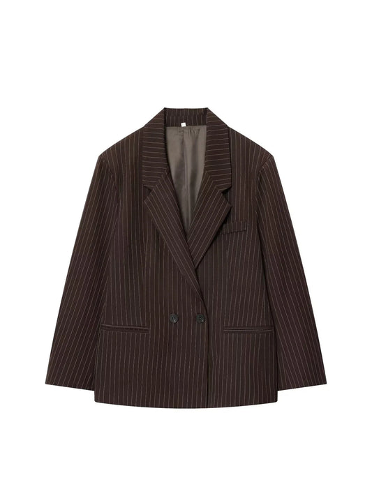 Women's Brown Striped Blazer Jacket Vintage Outerwear Single Breasted Long Sleeve Suit Coat Harajuku Y2k 2000s Spring Autum 2025