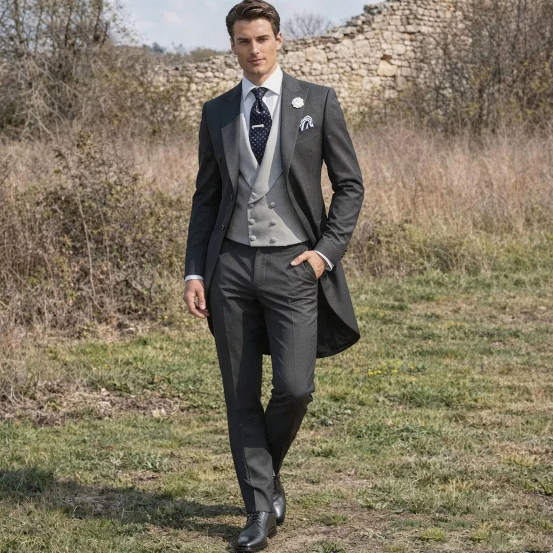Men Suit Black 3 Pieces Gray Vest With Lapel For Wedding Birthday Banquet Party Business Work Office Tuxedo Jacket Vest Pants