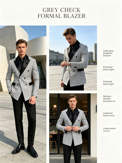 Men's Checkered Double Breasted Blazer Tailored Slim Fit Formal Jacket For Wedding Groom Cocktail Event Prom Dinner Party Coat