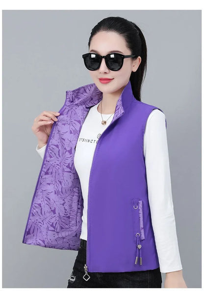 2026 Spring Autumn Women Double-sided Vest Fashion Stand Up Collar Sleeveless Jacket Female Waistcoat Casual Tops Chaleco Mujer