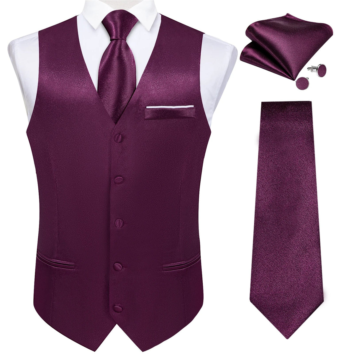 Men's Satin Suit Vest Set with Tie Handkerchief and Cufflinks for Wedding and Prom
