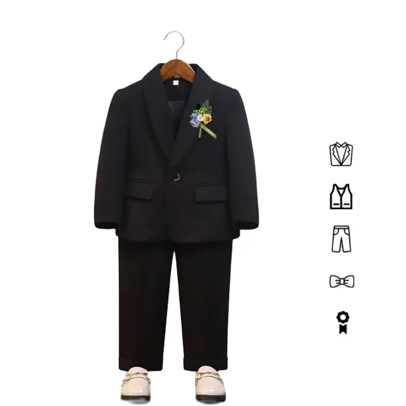Kids Spring Autumn 5Pieces Balzer Set With Jacket Vest Pants Bowtie Brooch Boys Formal Wedding Birthday Party Suit
