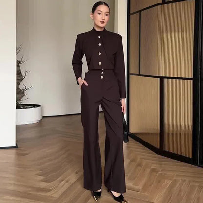 Casual Denim Pants Suits Women Slim Short Sleeves Stand Collar Waist-cinching Tops Wide-leg Trousers 2026 New Lady Spring Outfit