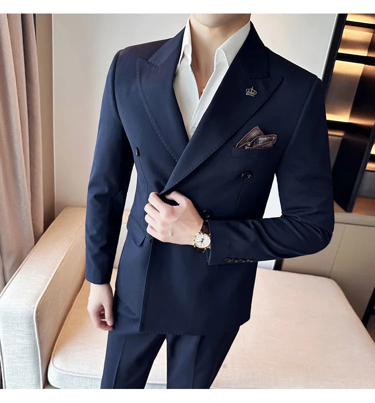 (Blazer + Trousers) Fashion Double Breasted Design Slim Men's Suit Italian Style Luxury Wedding Social Party Tuxedo 2 Piece Set