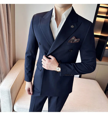 (Blazer + Trousers) Fashion Double Breasted Design Slim Men's Suit Italian Style Luxury Wedding Social Party Tuxedo 2 Piece Set