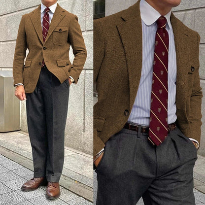 Men's Herringbone Tweed Plaid Blazer Wool Blend Vintage British Gentleman Business Casual Sport Hunting Coat Fit Suit Jacket