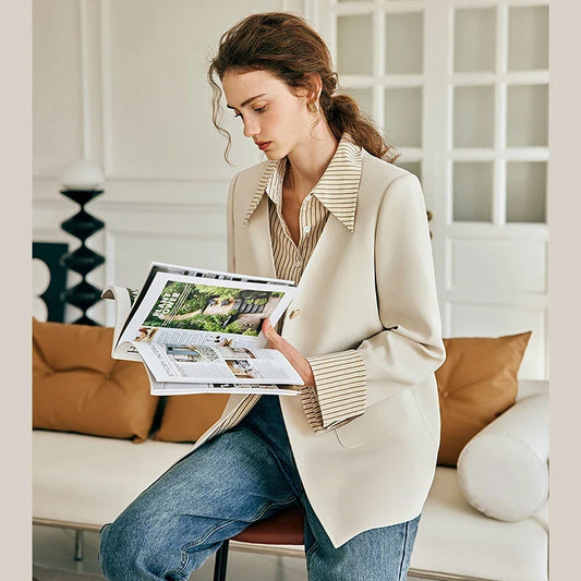 Women 2026 New Fake Two-piece Shirt Splicing Blazer Loose V Neck Contrast Stripe Elegant Commute Suit Coat G23CW68620