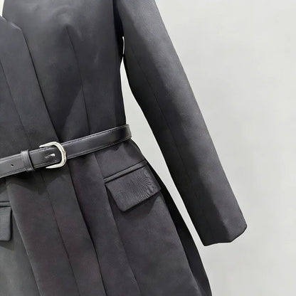 Women Elegant Fashion Blazer Belted Slim Fit V-neck Long Sleeves Office Lady Temperament High-end Jacket New Spring HK20000