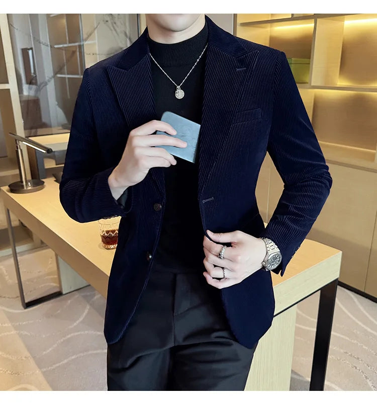 Corduroy Stripe Suit Jacket For Men Autumn Winter Business Slim Fit Tailcoat Formal Wedding Party Fashion Casual Suit Coat 4XL-M