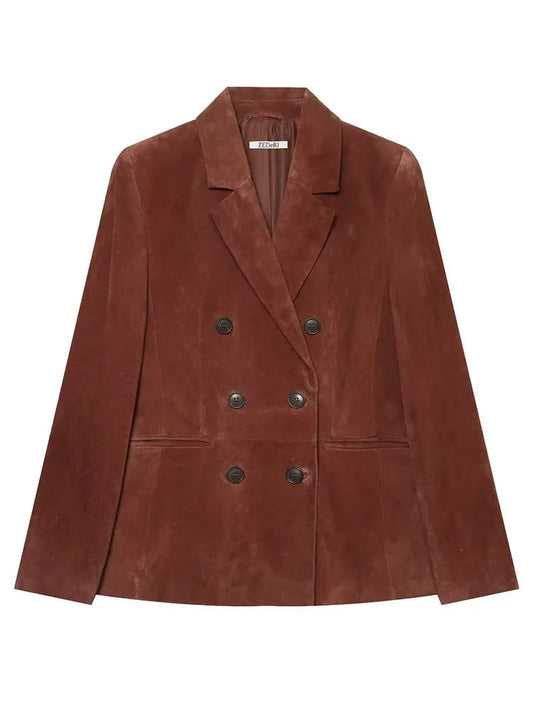 Vintage Women's Suede Texture Slim Blazer 2026 Autumn Double Breasted Lapel Suit Jacket Female Elegant Office Coat Outerwear
