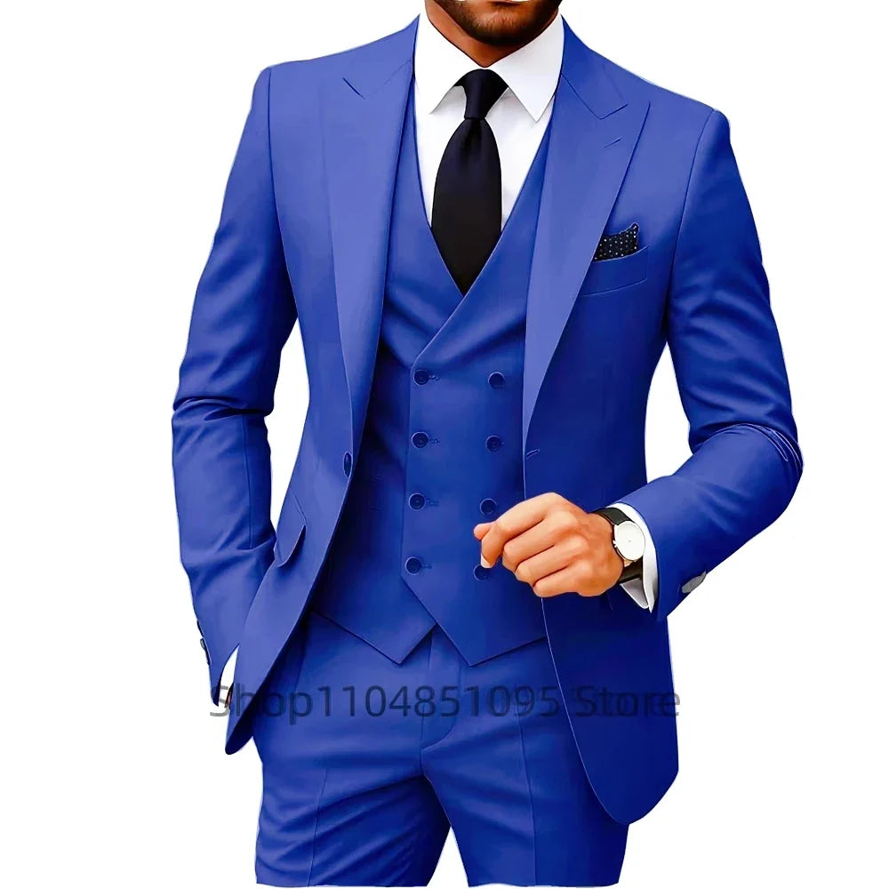 Nouveaux costumes solides pour hommes Coupe ajustée Mariage Garçon d'honneur Tuxedo Gilet Blazer Pantalon 3 pièces Tenue de mariage tendance