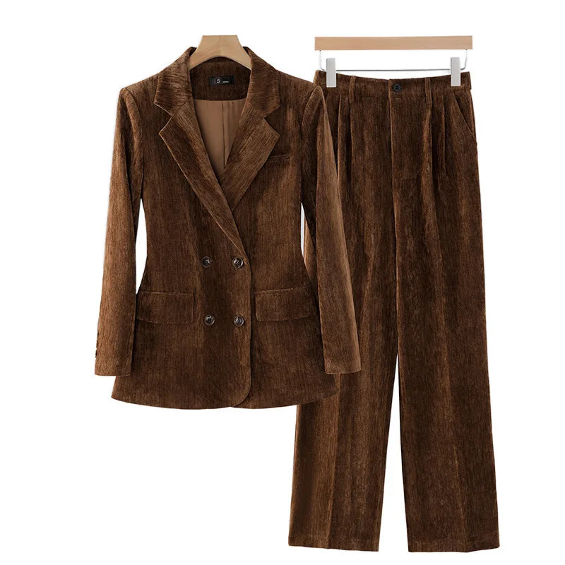 Pleuche Women Suits Office Sets 2024 Autumn New Fashion Notched Double Breasted Blazers Vintage Casual Wide Leg Pants Suits