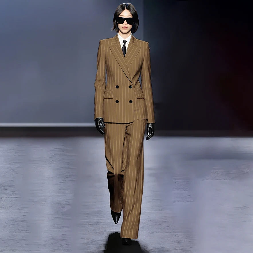 Dark Blue Stripes Women Suit Customized Double-breasted Peak Lapel Two Pieces(Jacket+Pants) Business Office Lady Competent Set
