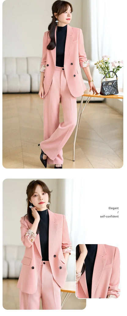 Fashion Elegant Solid Women Blazer Pantsuit Casual Vintage Chic Suit Jackets Wide Leg Pants 2 Pieces Set Female Outfits