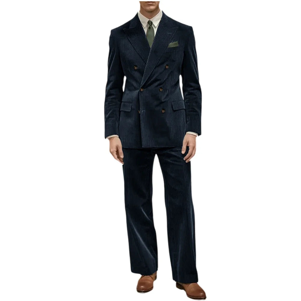 Men's Corduroy Suit 2 Piece Retro Double Breasted Peak Lapel Blazer Straight Leg Pants Formal Set Business Casual Wedding Party