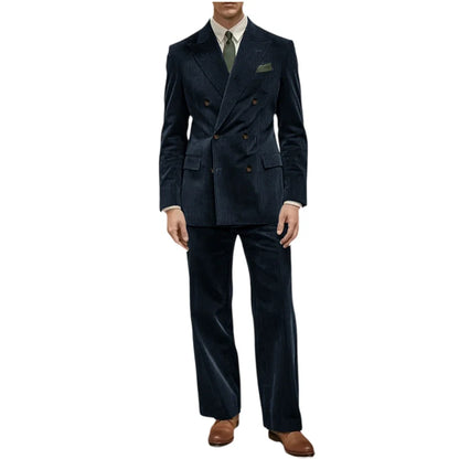 Men's Corduroy Suit 2 Piece Retro Double Breasted Peak Lapel Blazer Straight Leg Pants Formal Set Business Casual Wedding Party