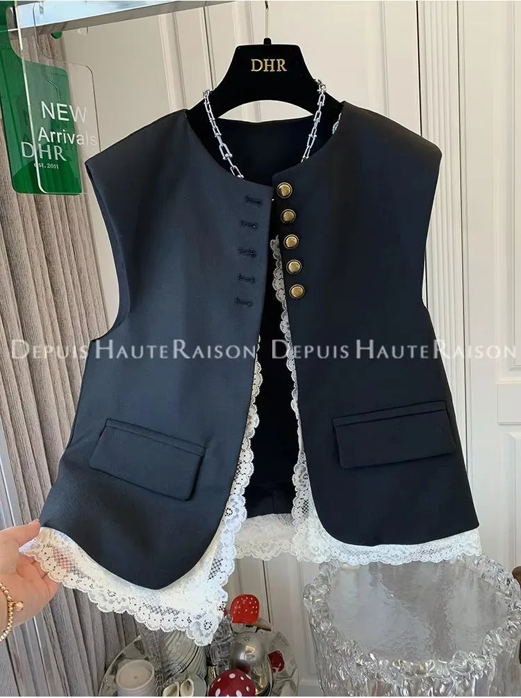 Fashion Loose Lace Patchwork Fake Two-piece Suit Vest Jacket Women's Korean  Spring  Autumn Sleeveless Top