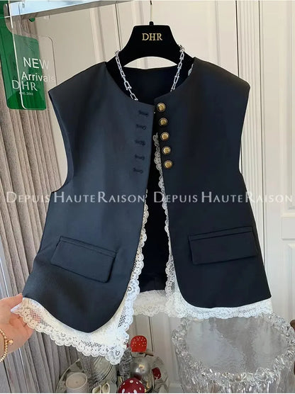 Fashion Loose Lace Patchwork Fake Two-piece Suit Vest Jacket Women's Korean  Spring  Autumn Sleeveless Top