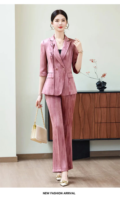 Spring Ladies Pant Suit Women Pink Wine Red Female Business Work Wear Half Sleeve Jacket and Trouser Formal 2 Piece Set Blazer